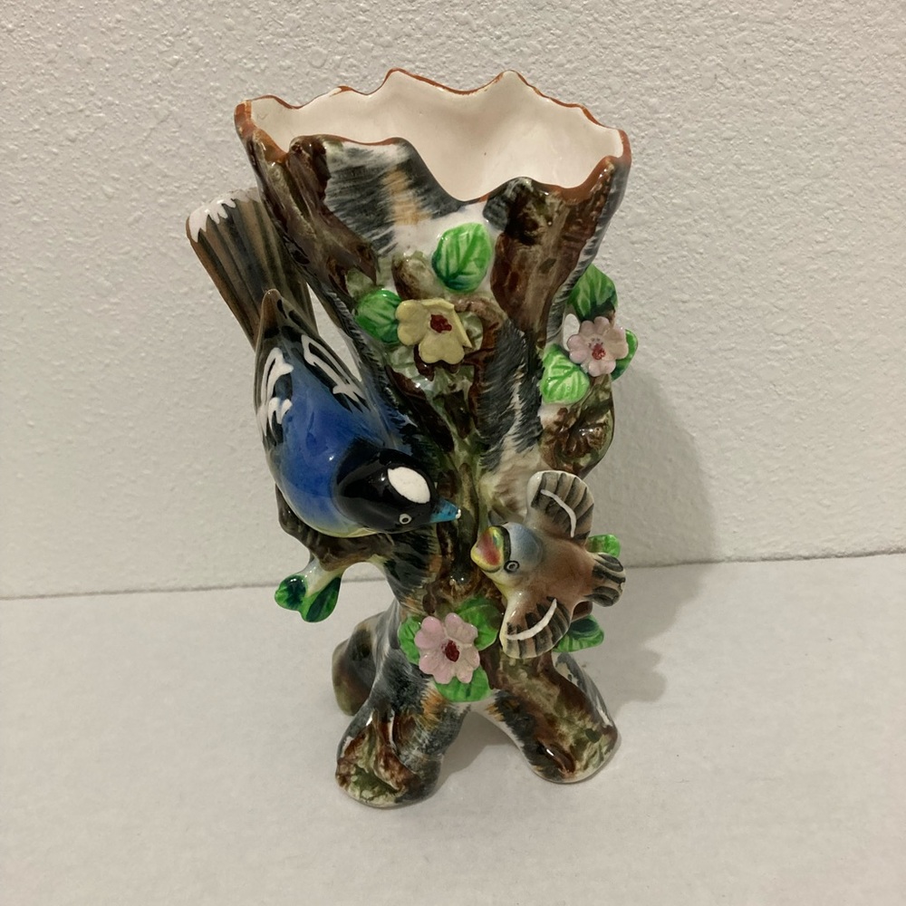 Vintage King Bird Figuring Blue and Brown Bird On Tree Figurine Small Flowers